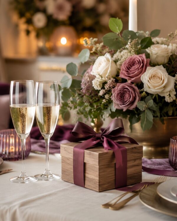 Masă festivă pentru doi: două pahare de șampanie, cutie de lemn cu panglică prună, trandafiri și lumânări aprinse